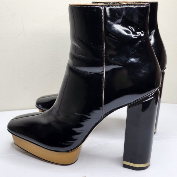 Calvin Klein Bernadet Platform Black Gold Patent Leather Boots Retro 70's sz 9 - Picture 3 of 10